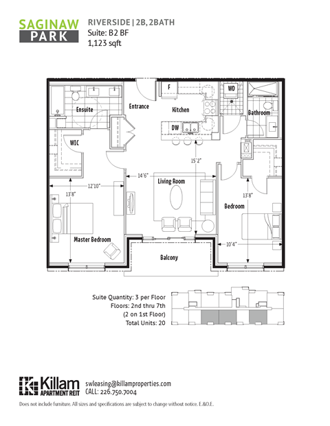 Floor plan for 2 beds, 2 baths, 1123 sqft